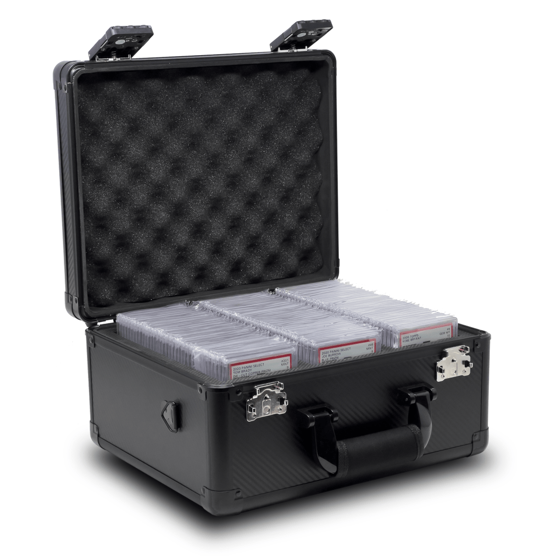 Open three-row Hobby Defense case showing its foam-lined storage
